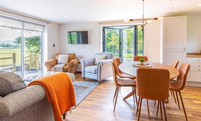 Open plan sitting room with kitchen diner